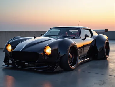 Custom Black Widebody Sports Car At Sunset