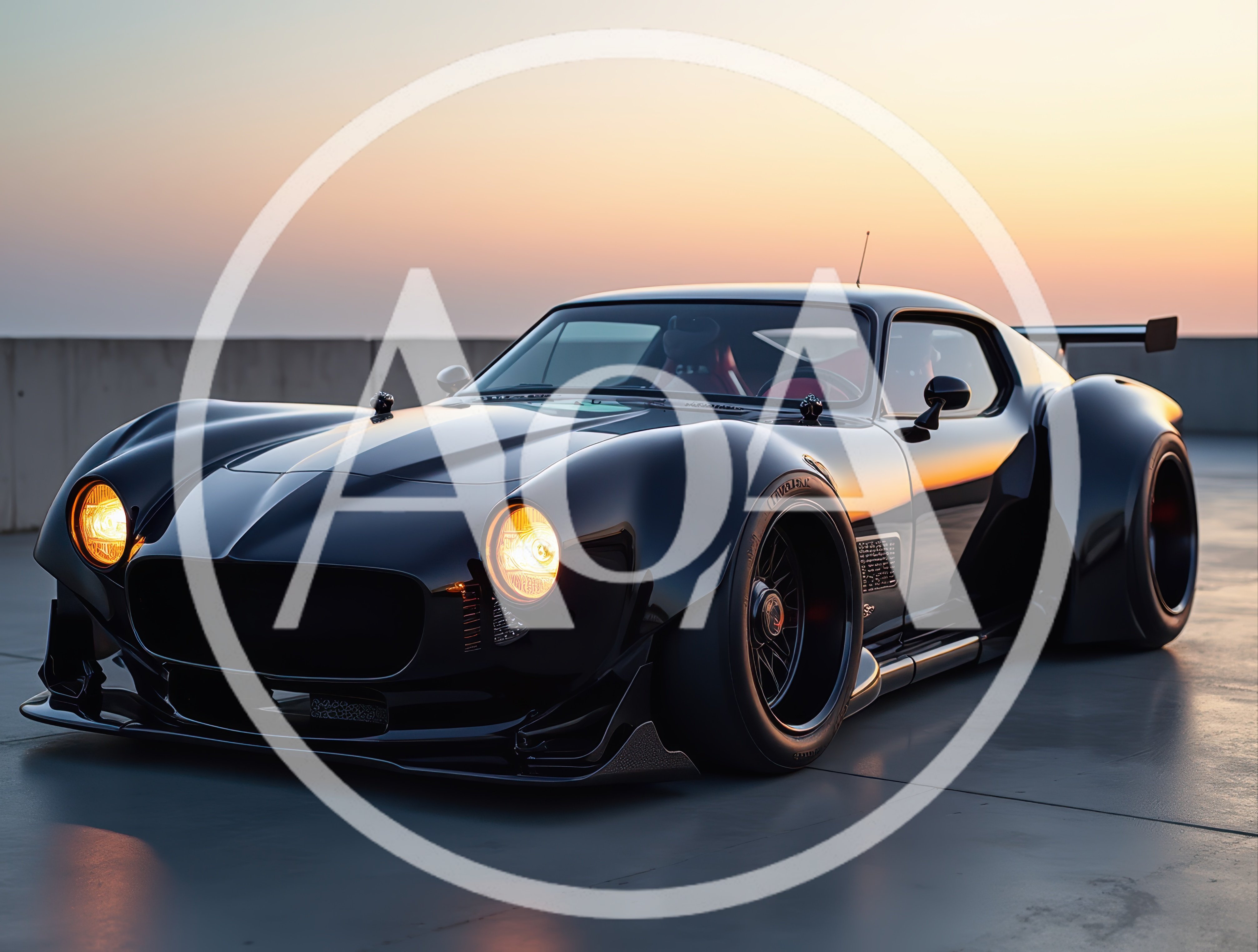 Custom Black Widebody Sports Car At Sunset
