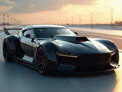 Sleek Black Sports Car Driving On Highway At Sunset