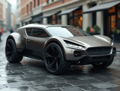 Futuristic Concept Sports Car Parked On Wet City Street