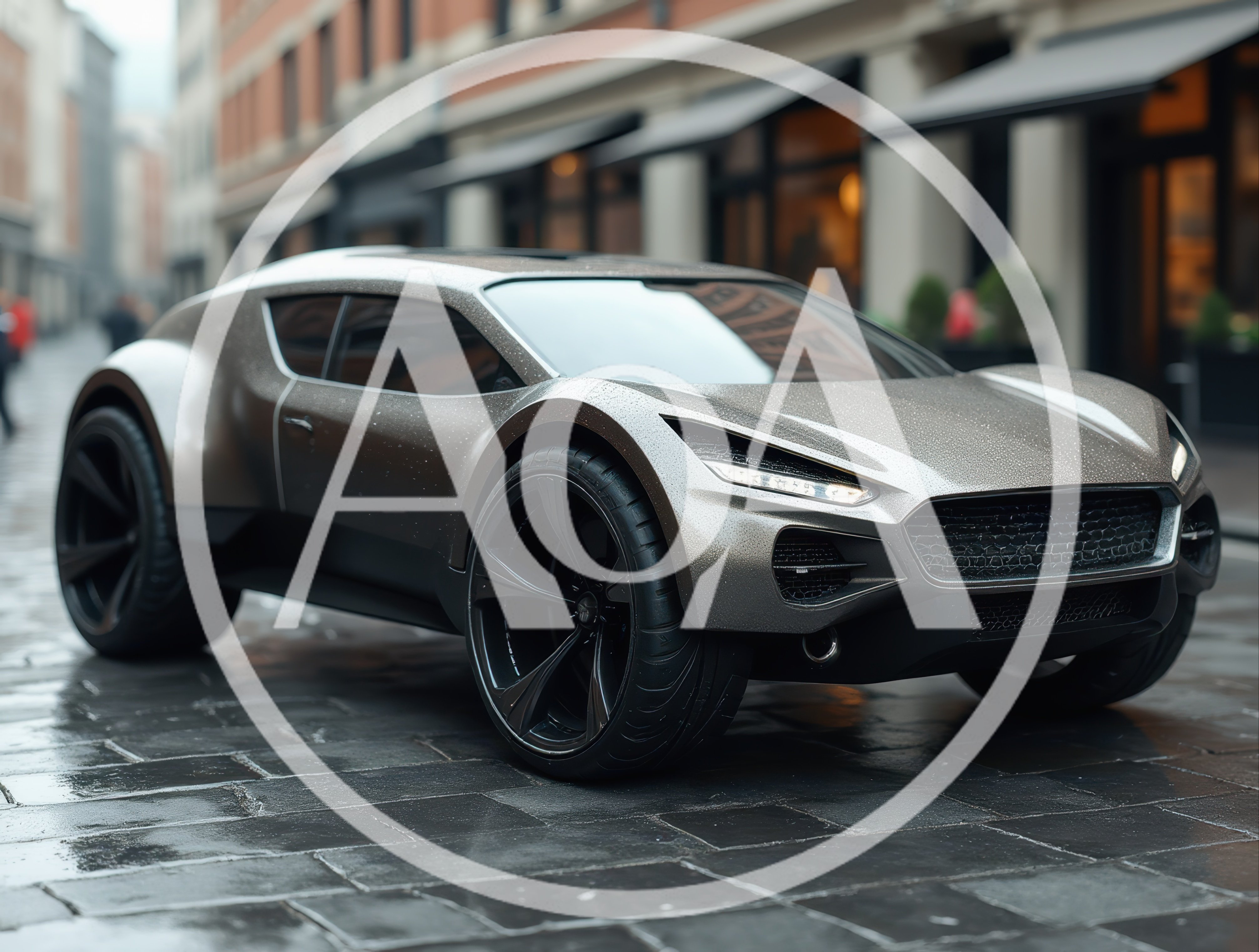 Futuristic Concept Sports Car Parked On Wet City Street