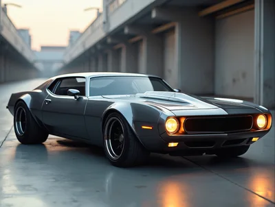 Custom Gray Muscle Car Parked in Industrial Garage