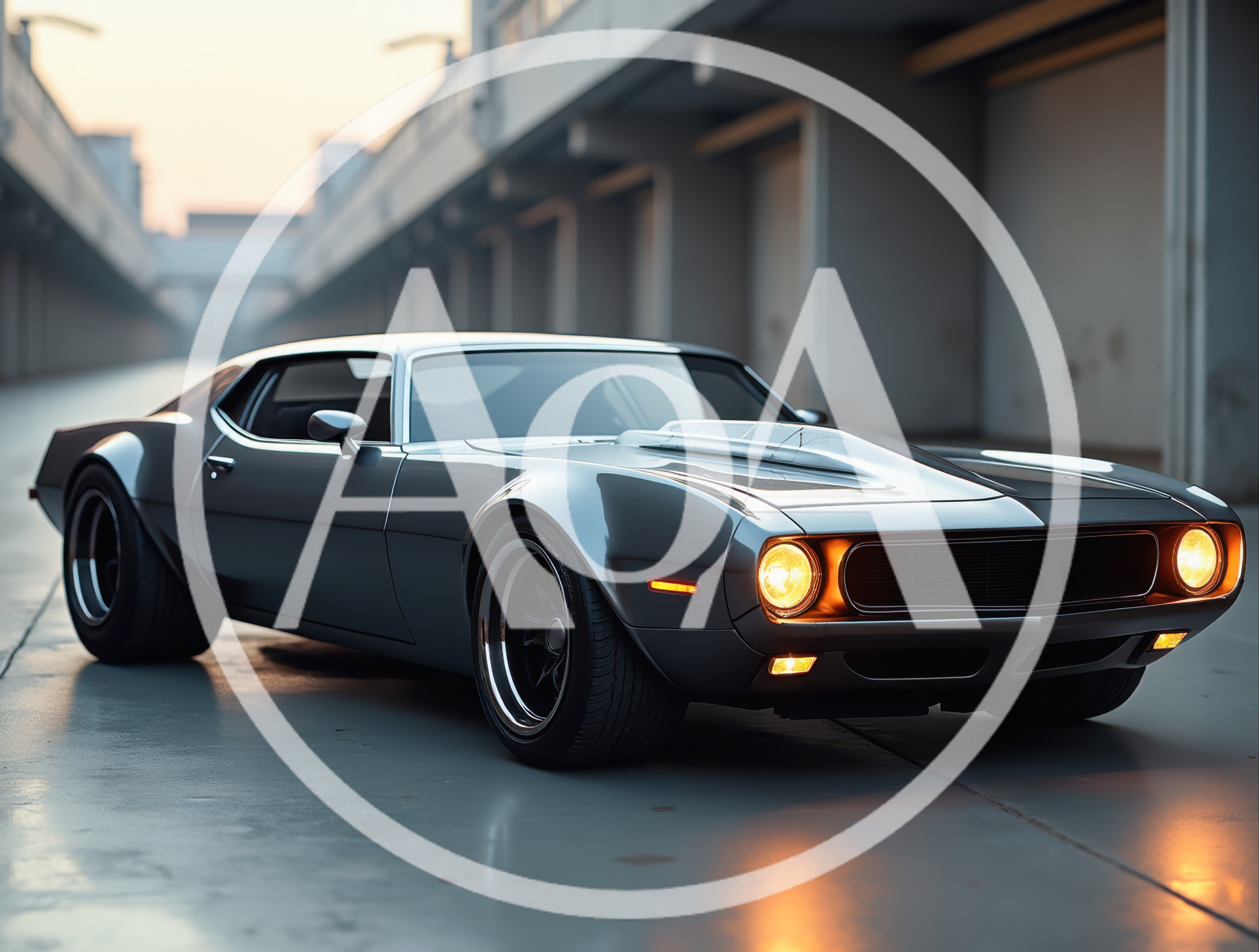 Custom Gray Muscle Car Parked in Industrial Garage