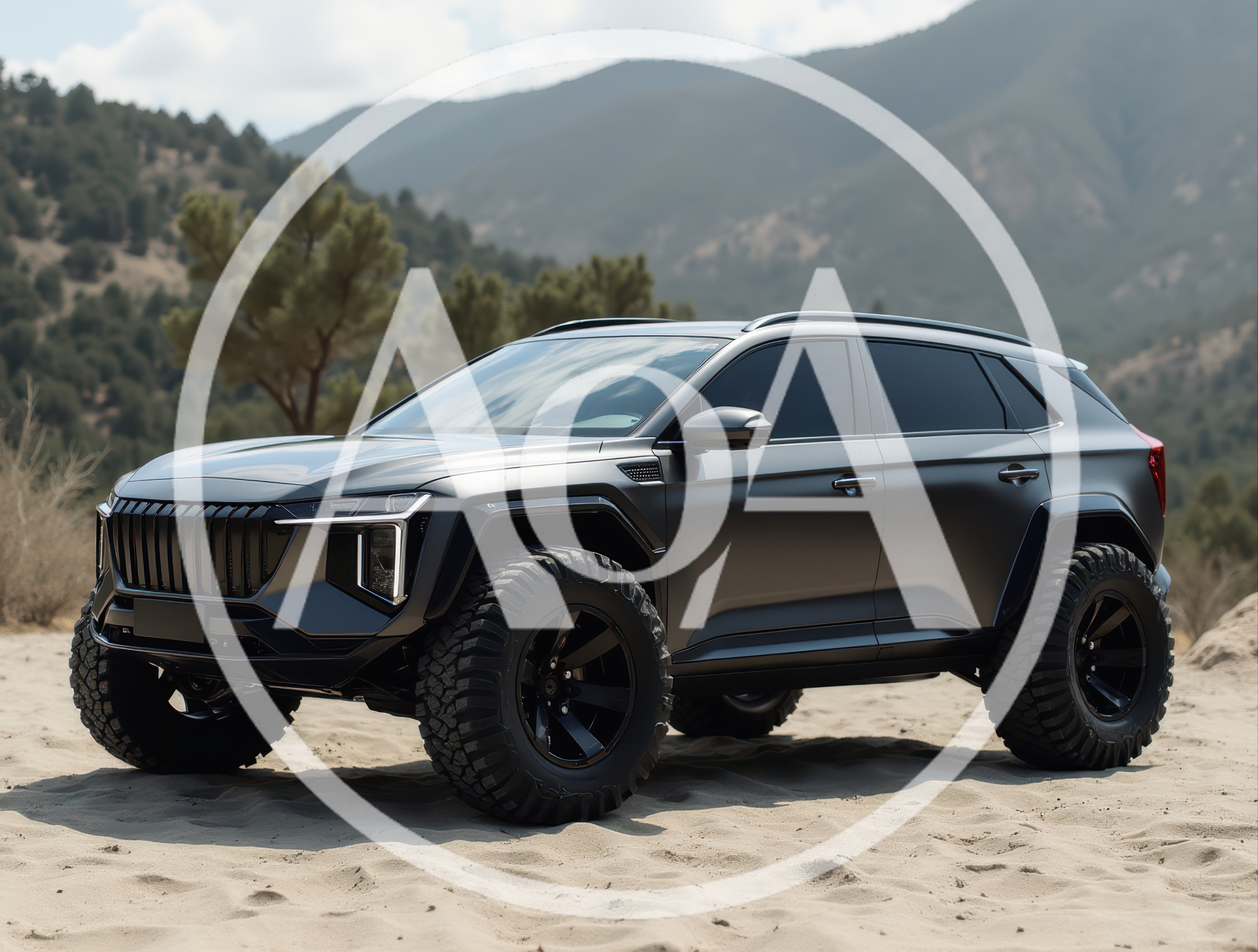 Matte Black Off-Road SUV Parked On Sandy Terrain