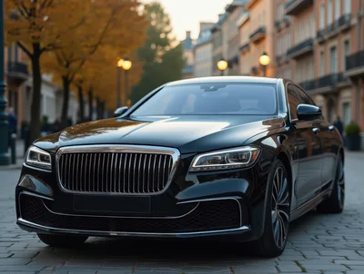 Luxury Black Sedan Parked on European Cobblestone Street