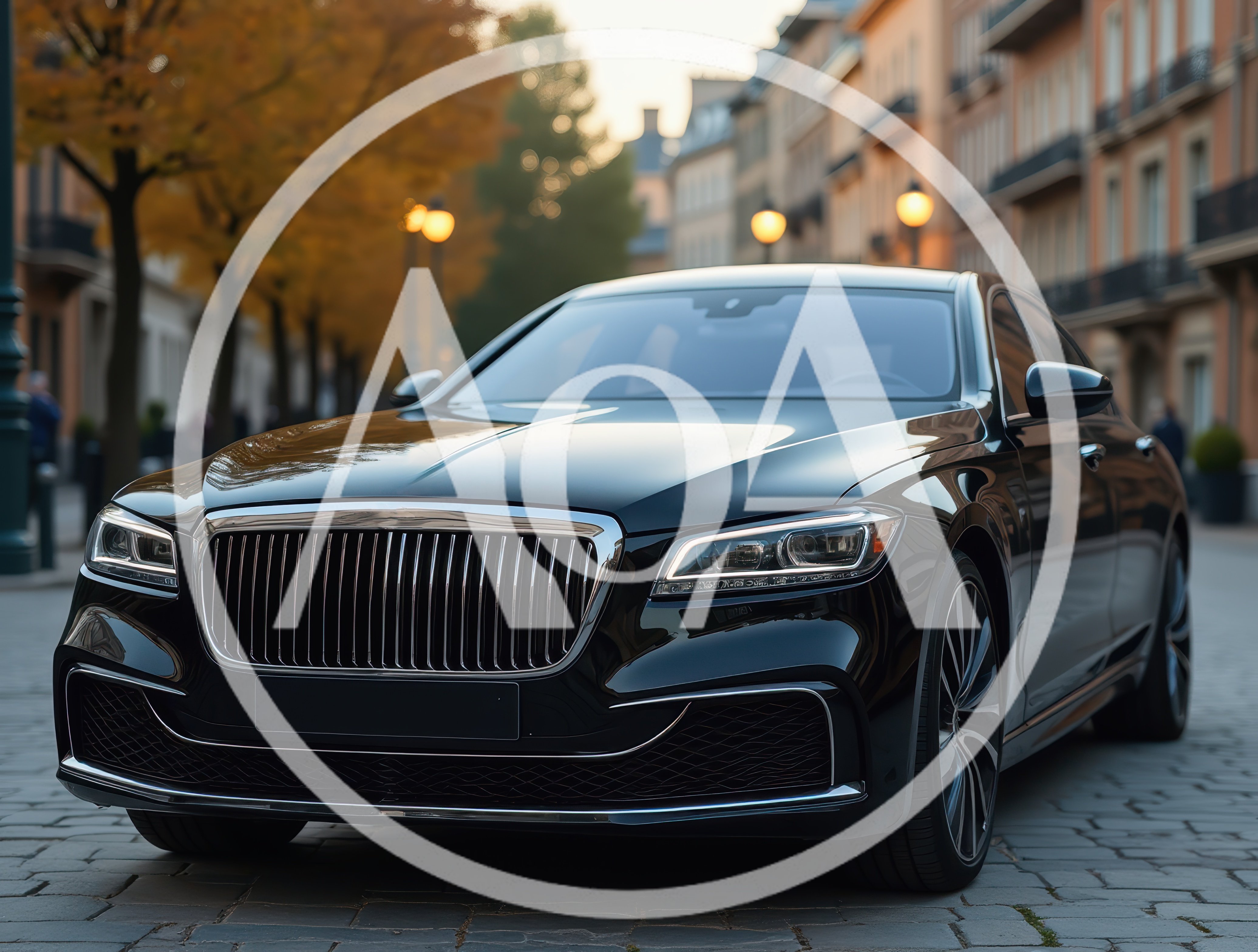 Luxury Black Sedan Parked on European Cobblestone Street