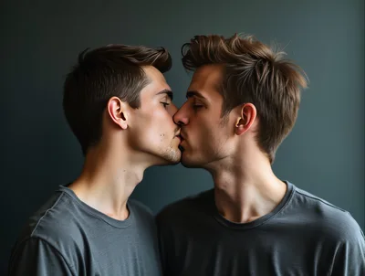 Two Identical Men Kissing Against A Dark Background