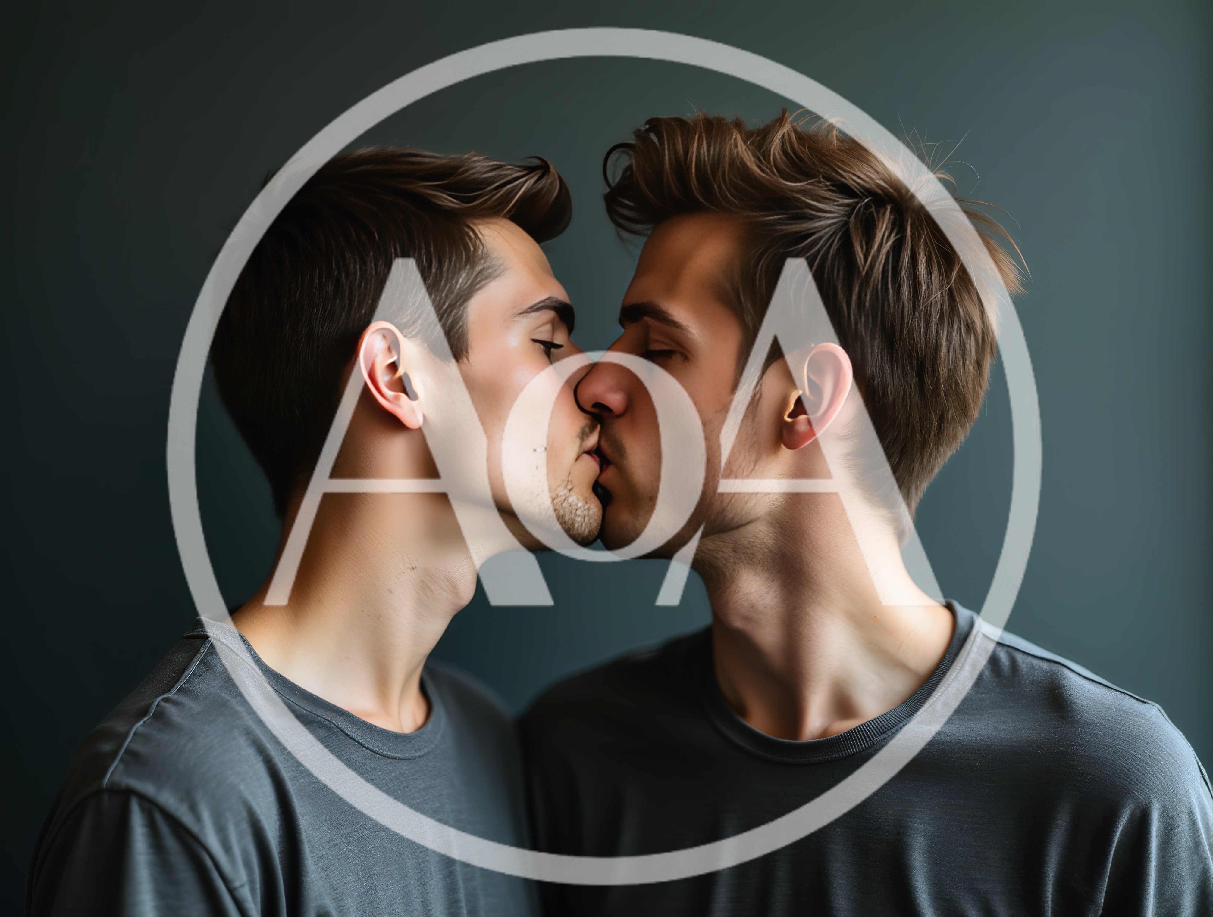 Two Identical Men Kissing Against A Dark Background