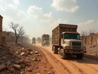 Convoy of Military Trucks Driving on Dusty Desert Road
