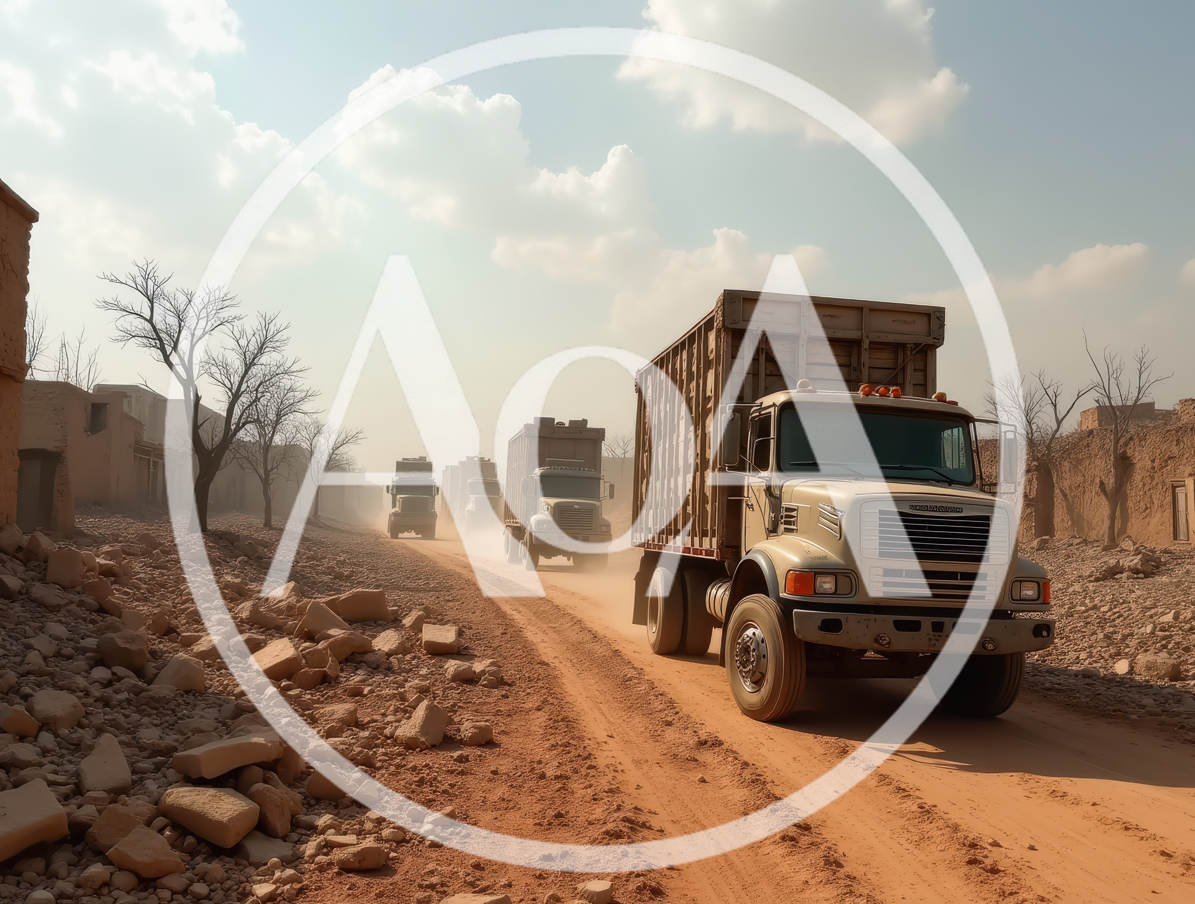 Convoy of Military Trucks Driving on Dusty Desert Road