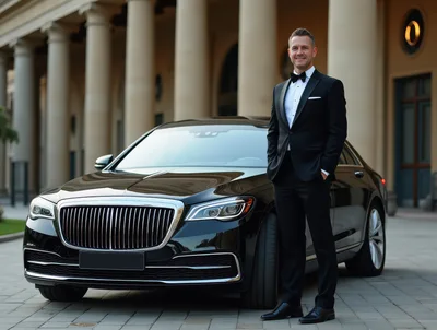 Elegant Man In Tuxedo Standing By Luxury Sedan