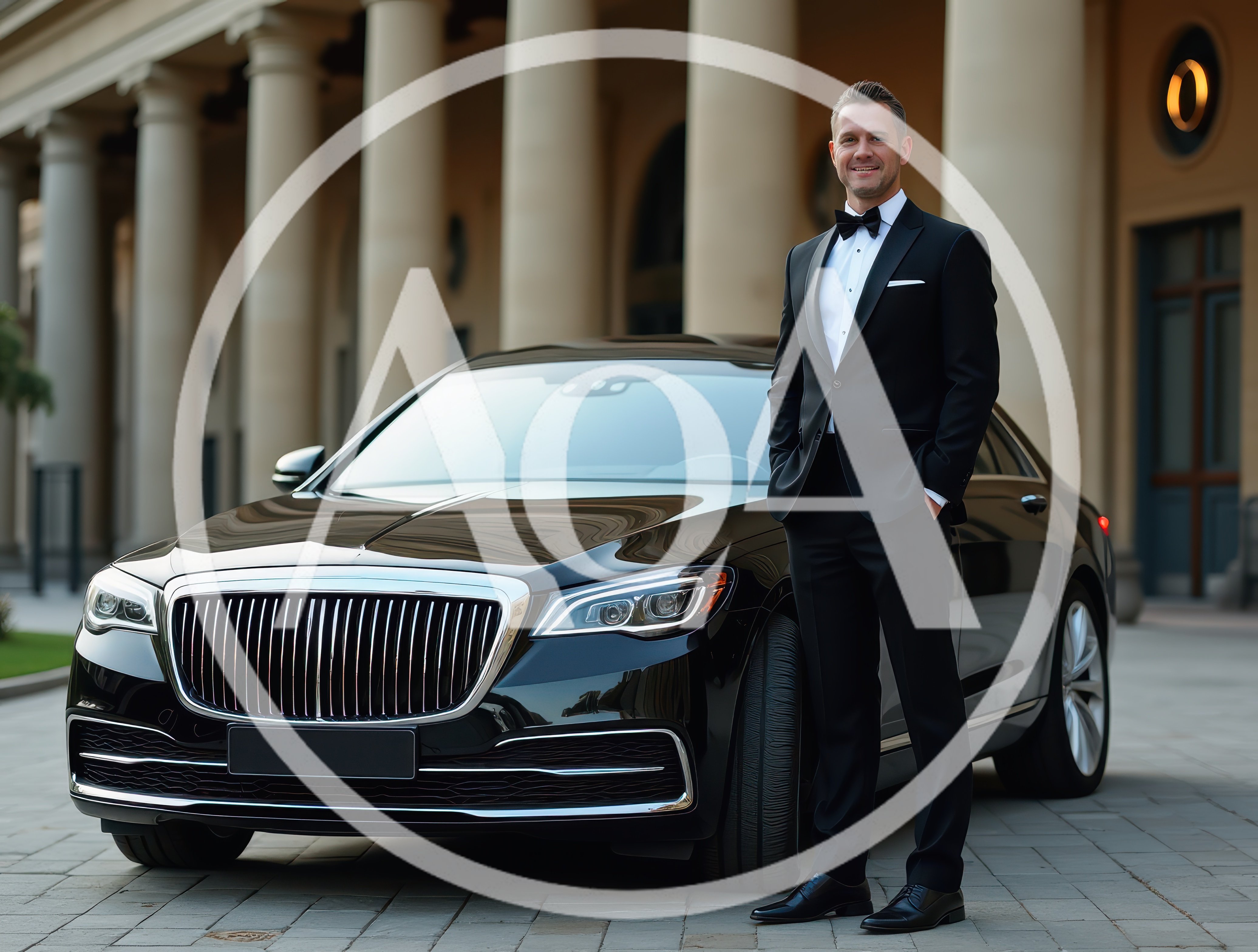 Elegant Man In Tuxedo Standing By Luxury Sedan