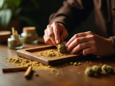 Person Preparing Cannabis Flower On A Wooden Tray