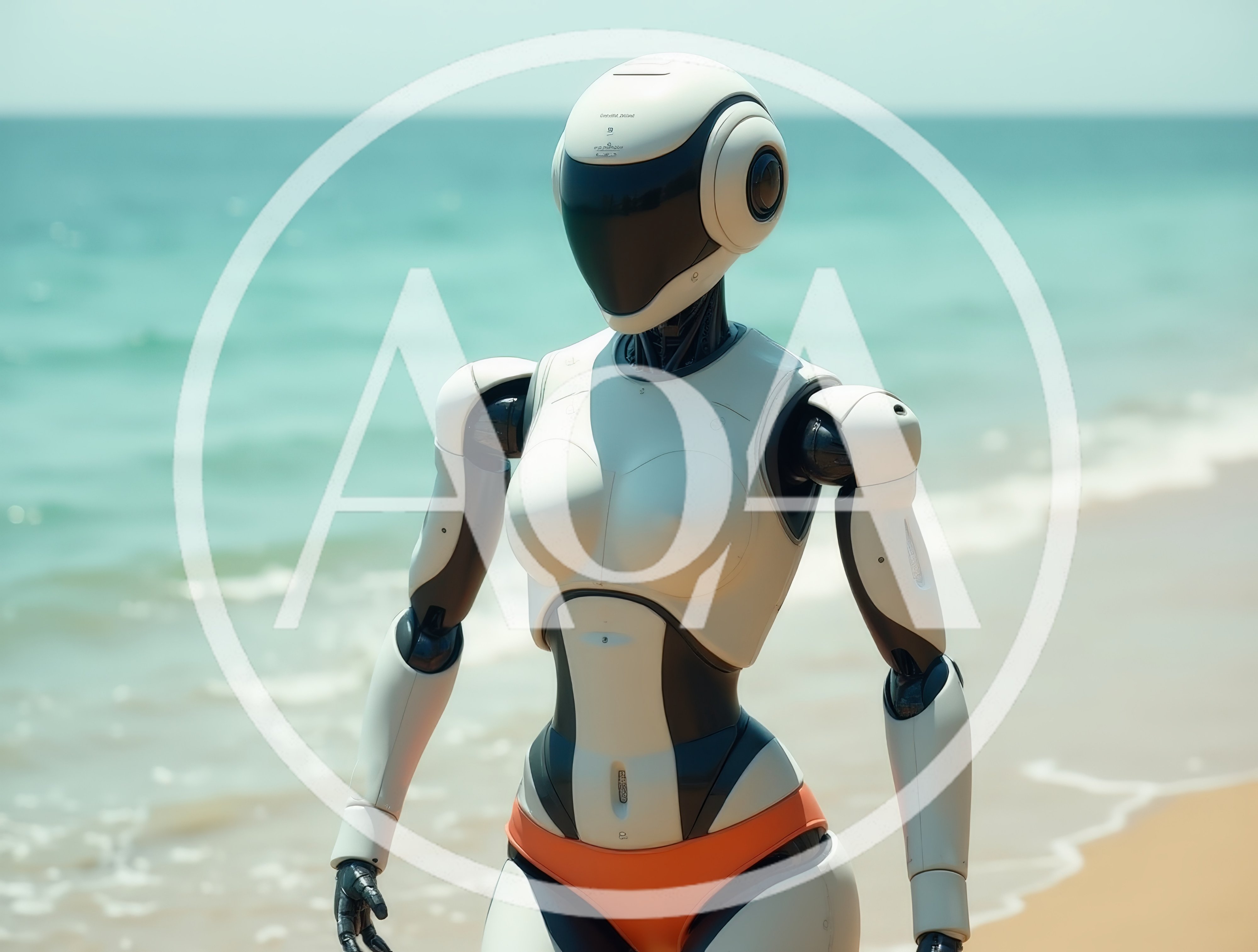Futuristic Humanoid Robot Walking Along A Sunny Beach
