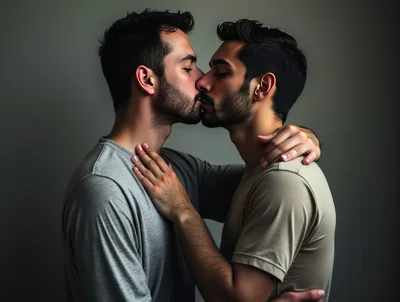 Two Men Embracing And Kissing In Studio