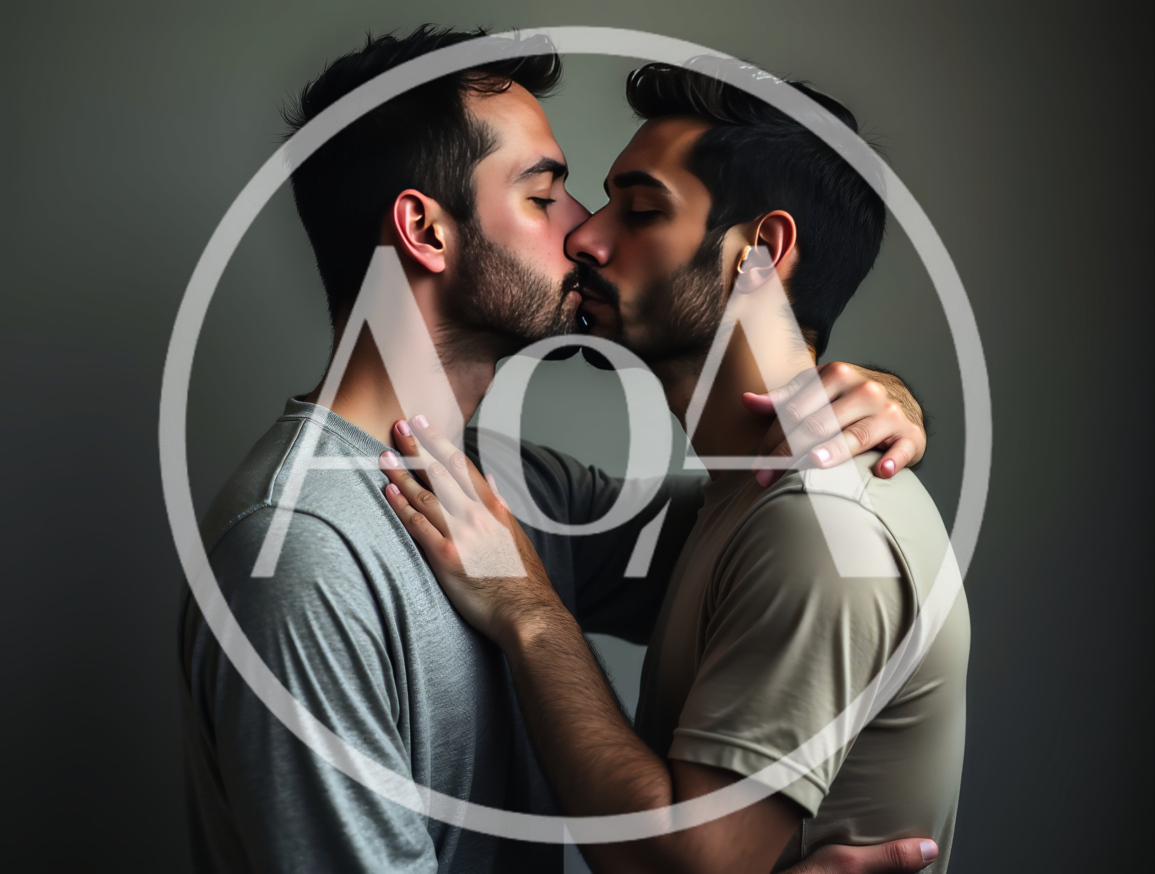 Two Men Embracing And Kissing In Studio
