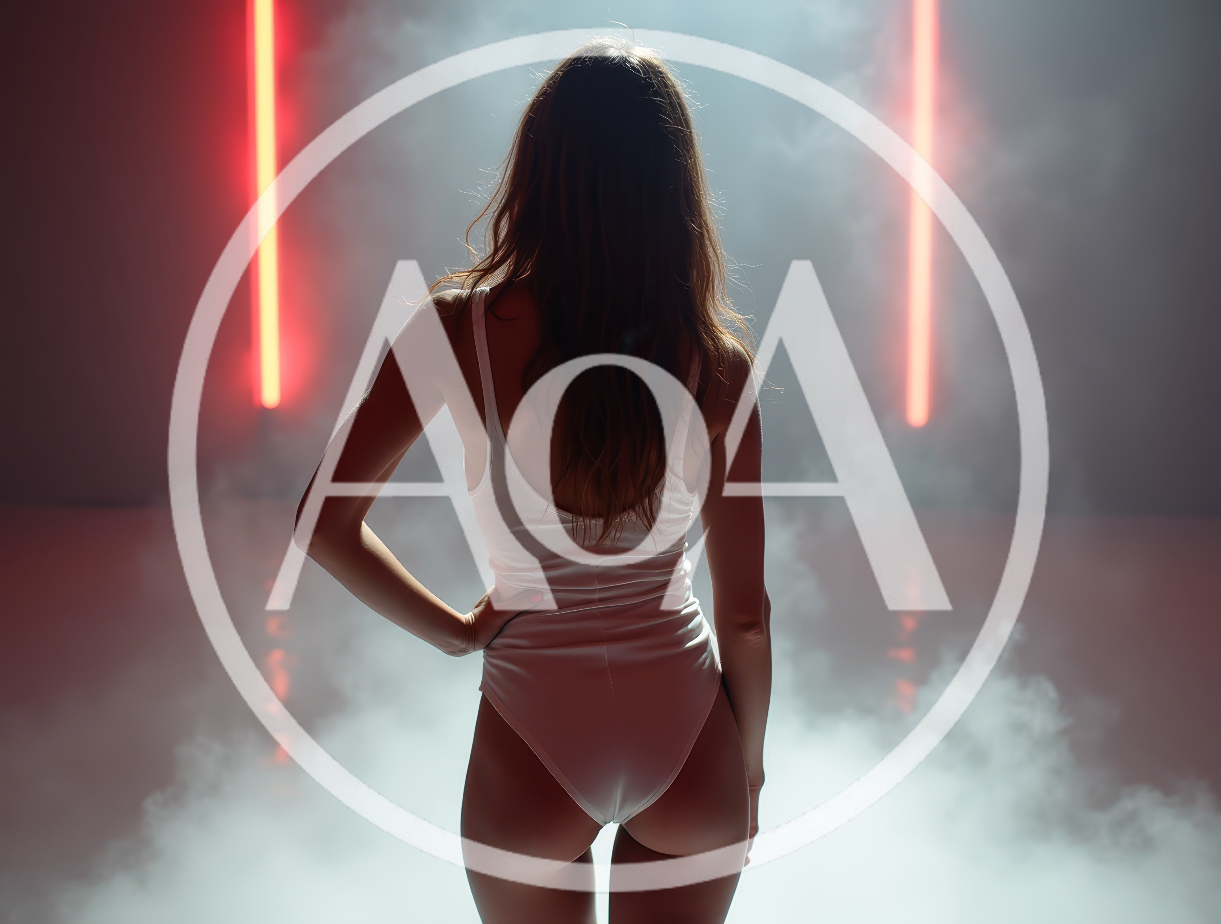 Woman In White Bodysuit Standing In Smoky Studio