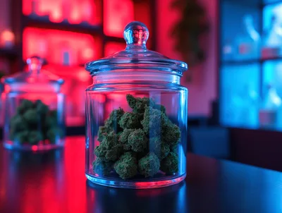 Cannabis Buds In Glass Jars On A Bar Counter