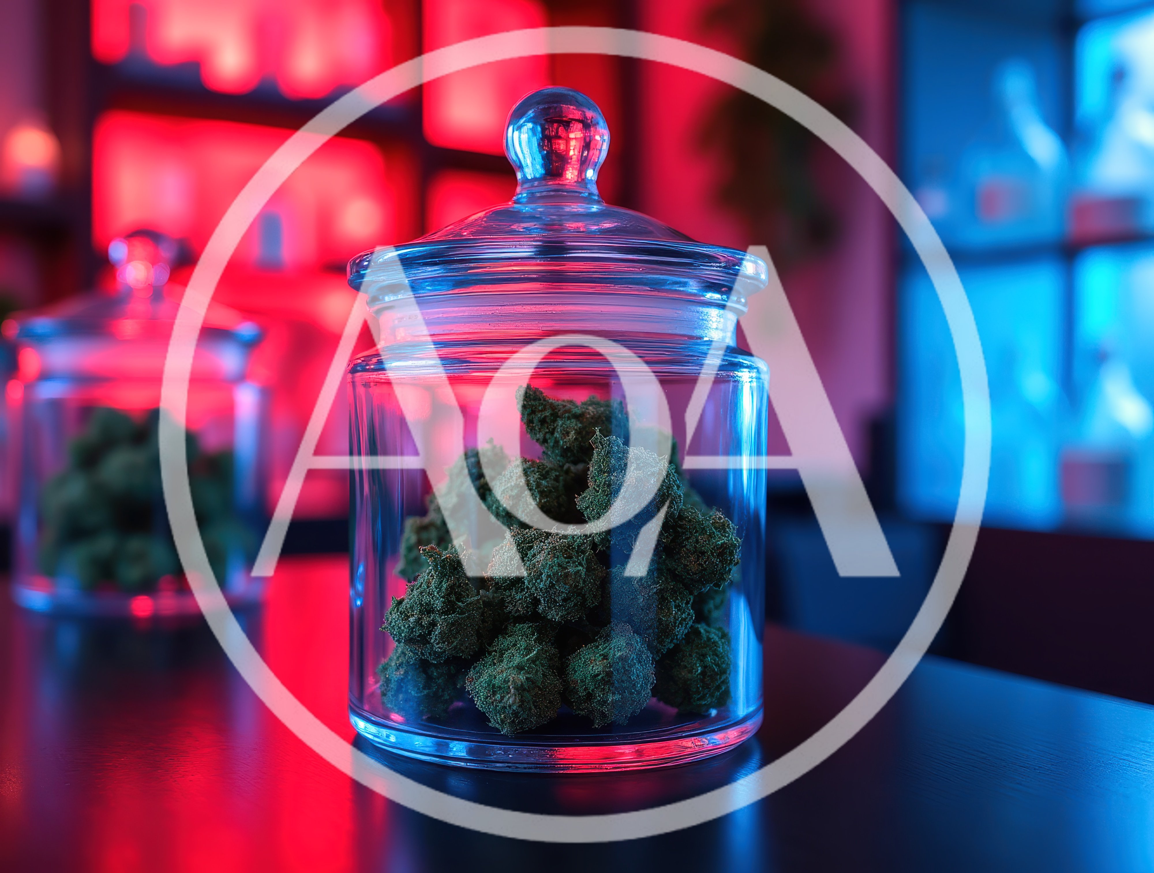 Cannabis Buds In Glass Jars On A Bar Counter
