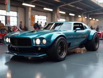 Custom Teal Muscle Car in Industrial Showroom