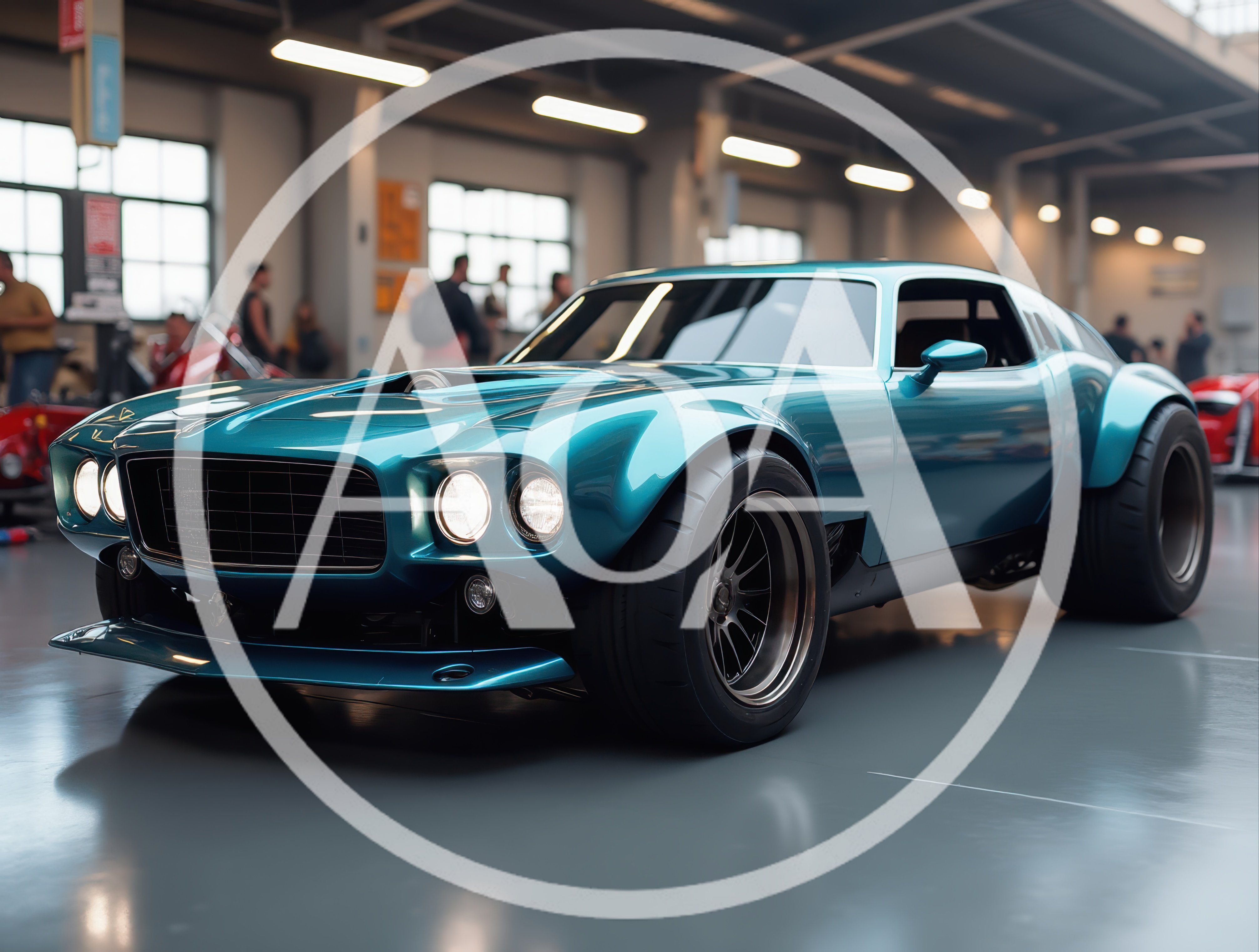 Custom Teal Muscle Car in Industrial Showroom