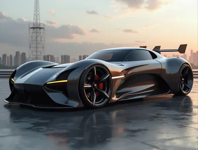 Futuristic Concept Supercar Parked On Urban Waterfront