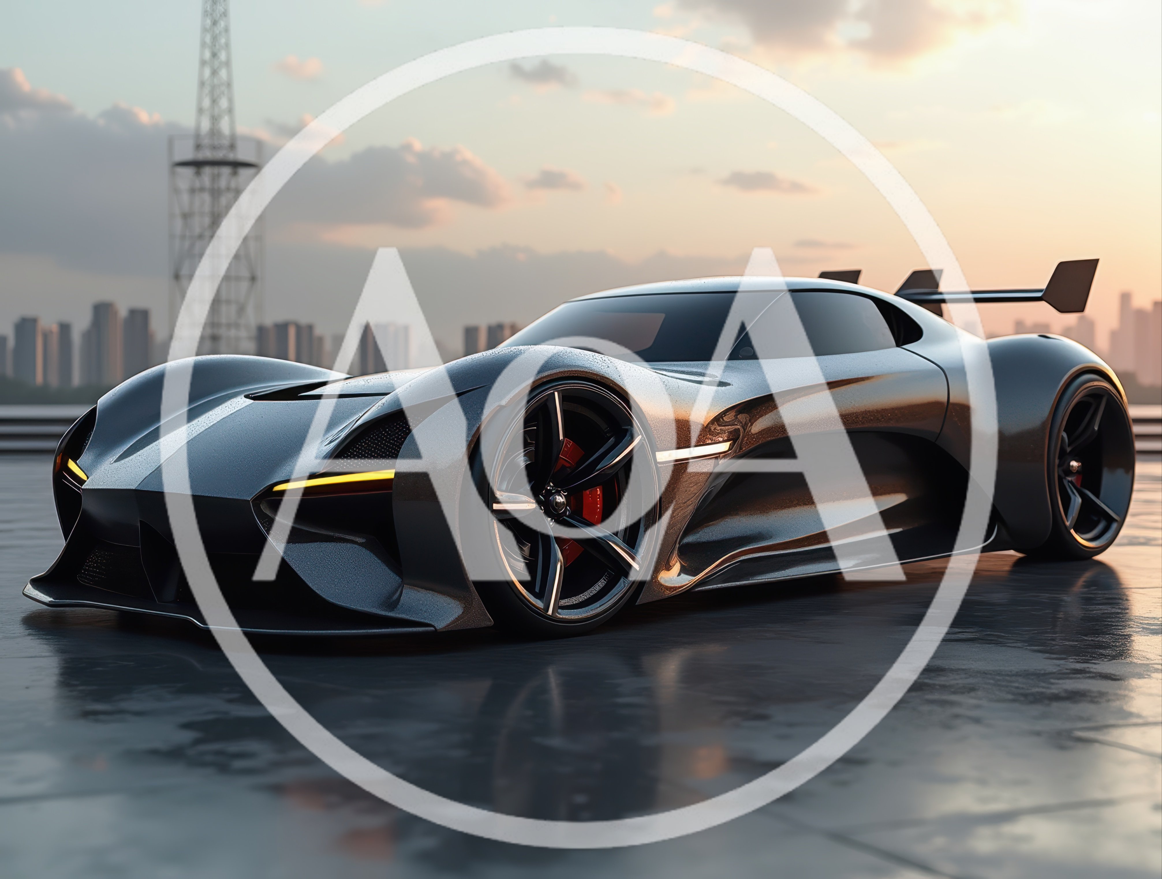 Futuristic Concept Supercar Parked On Urban Waterfront