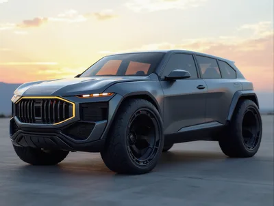 Modern Matte Grey Concept SUV At Sunset