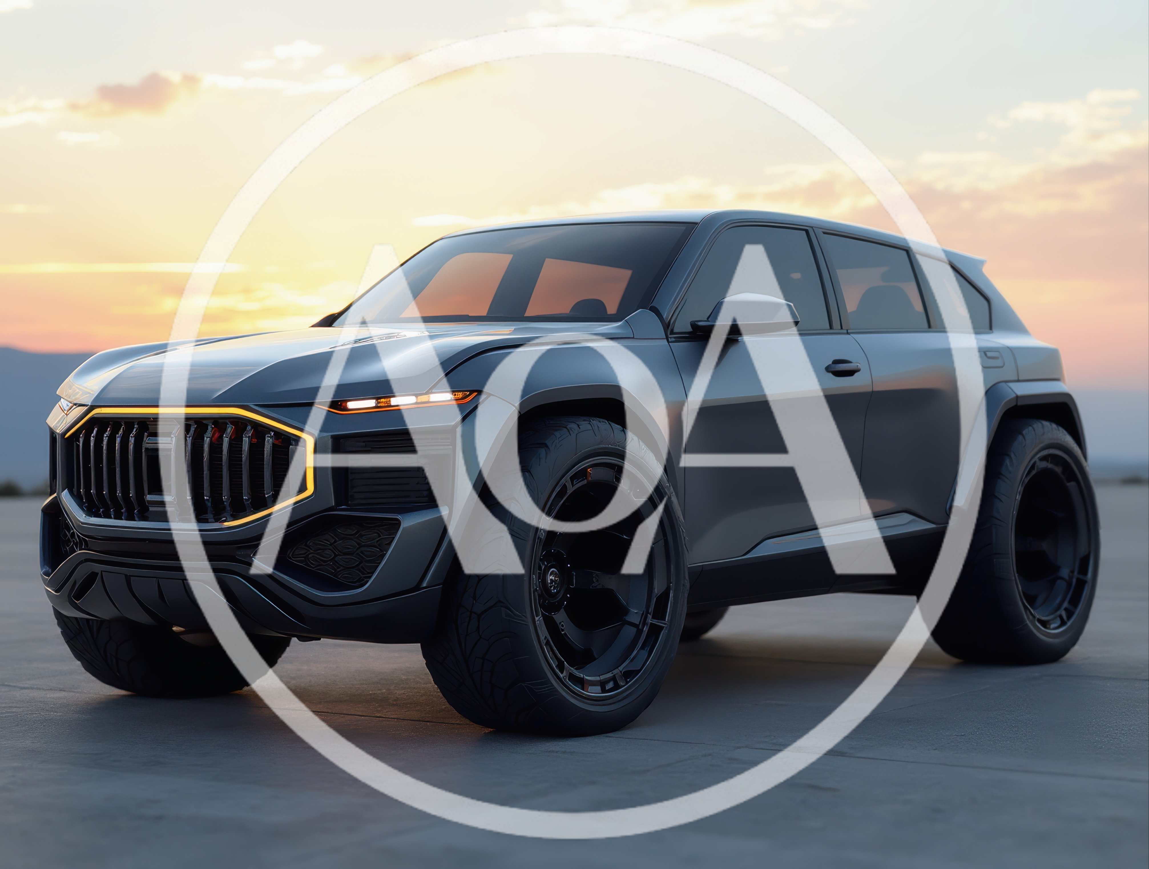 Modern Matte Grey Concept SUV At Sunset