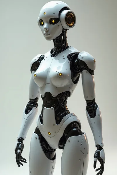 Futuristic Android Robot With Glowing Yellow Eyes