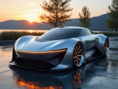 Futuristic Silver Concept Sports Car At Sunset