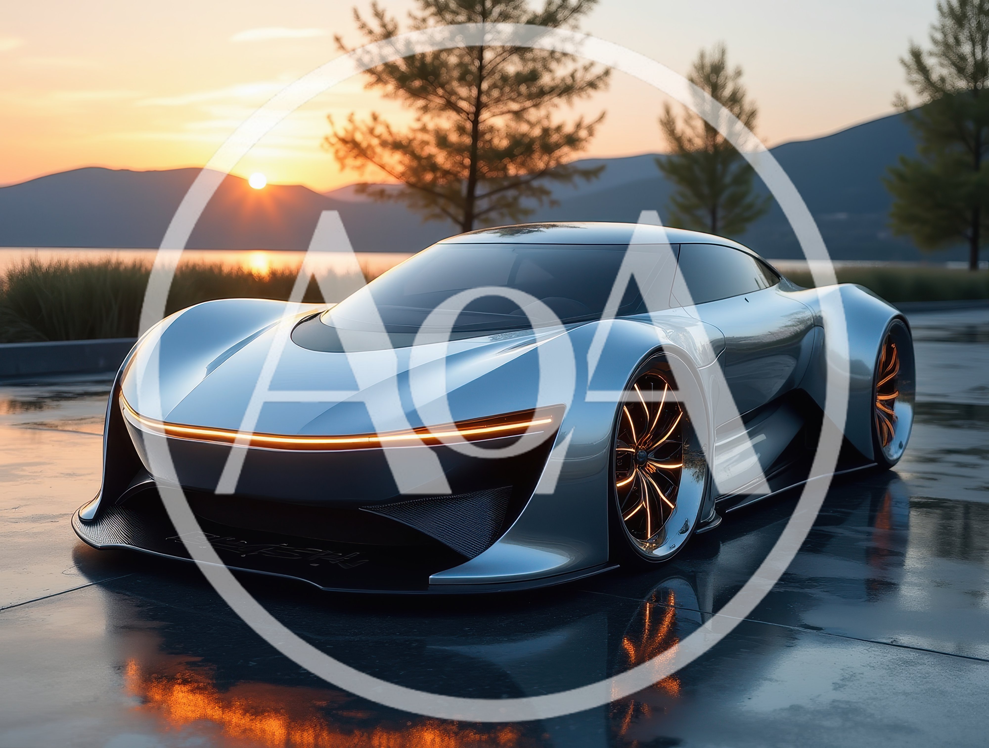 Futuristic Silver Concept Sports Car At Sunset