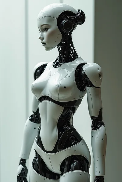 Futuristic Android Female Robot Standing In Profile