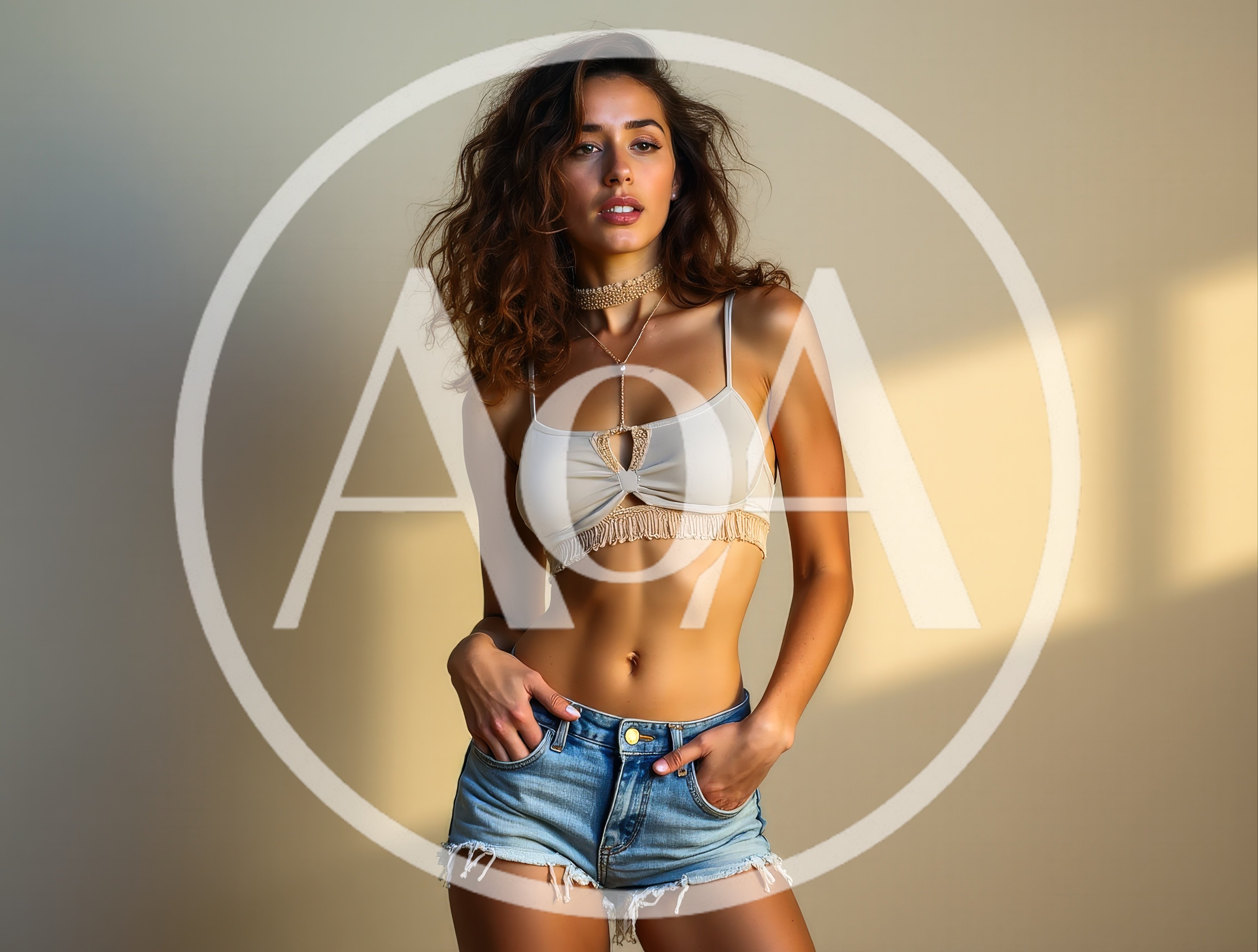 Young Woman Posing In Crop Top And Denim Shorts