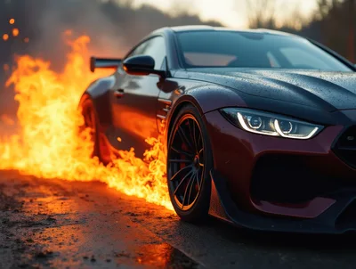 Sports Car Drifting Through Intense Flames