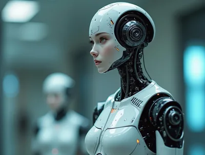 Futuristic Android Female Robot Standing In Laboratory