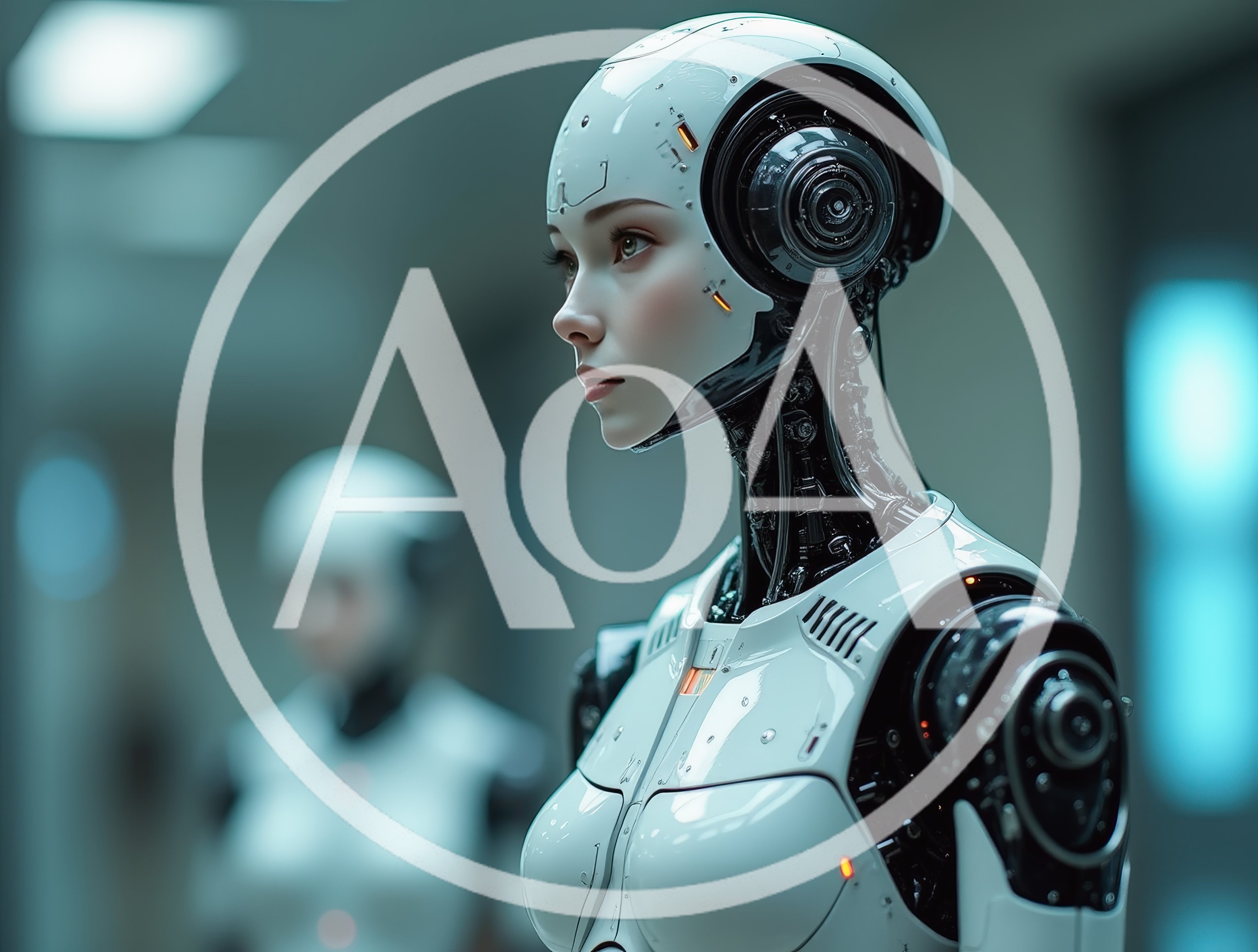 Futuristic Android Female Robot Standing In Laboratory