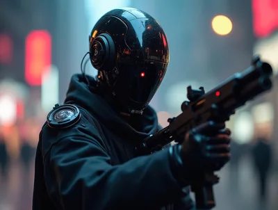 Cybernetic Soldier Holding A Futuristic Weapon In City