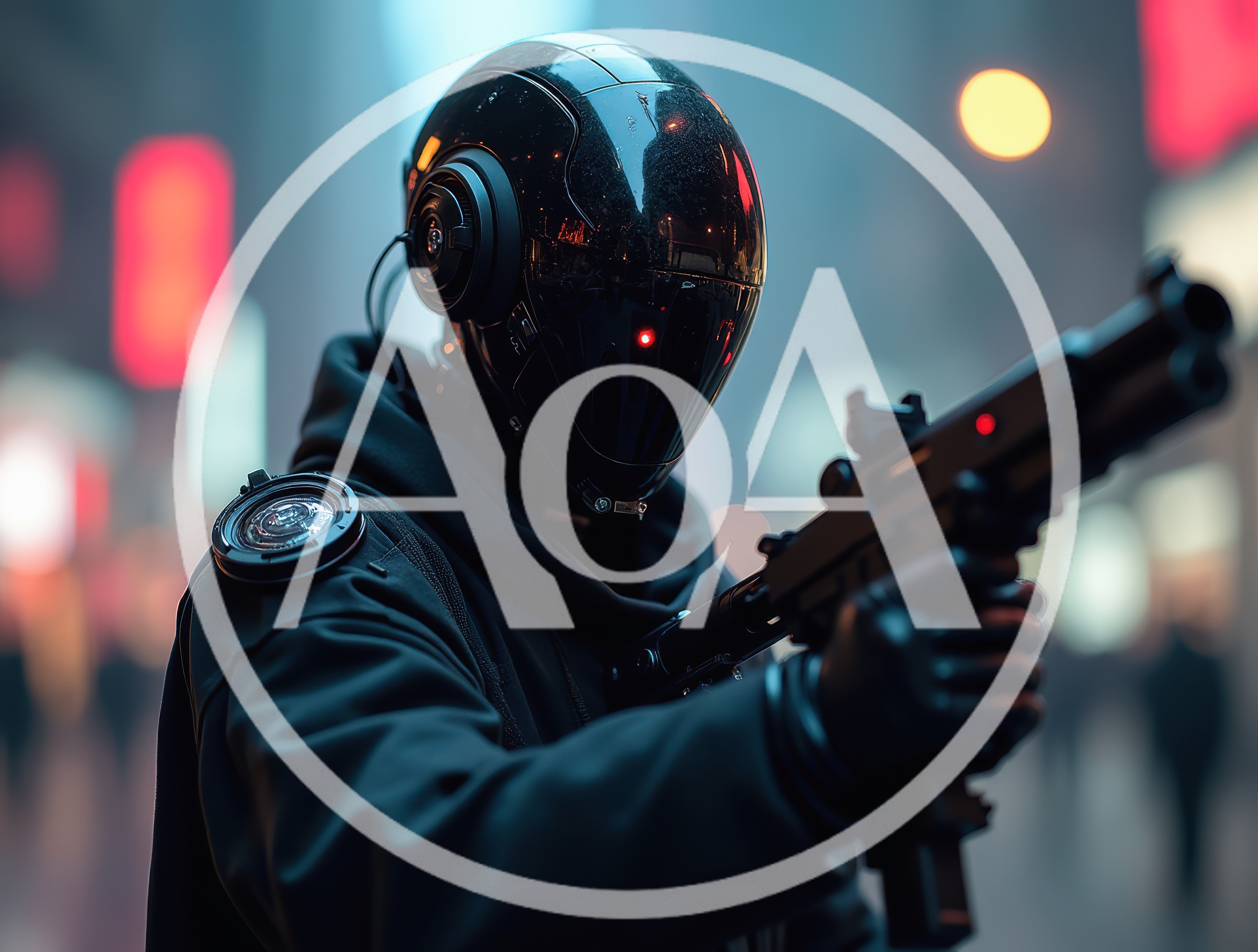 Cybernetic Soldier Holding A Futuristic Weapon In City