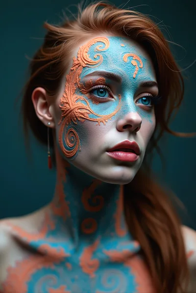 Portrait Of Woman With Intricate Blue And Orange Body Art