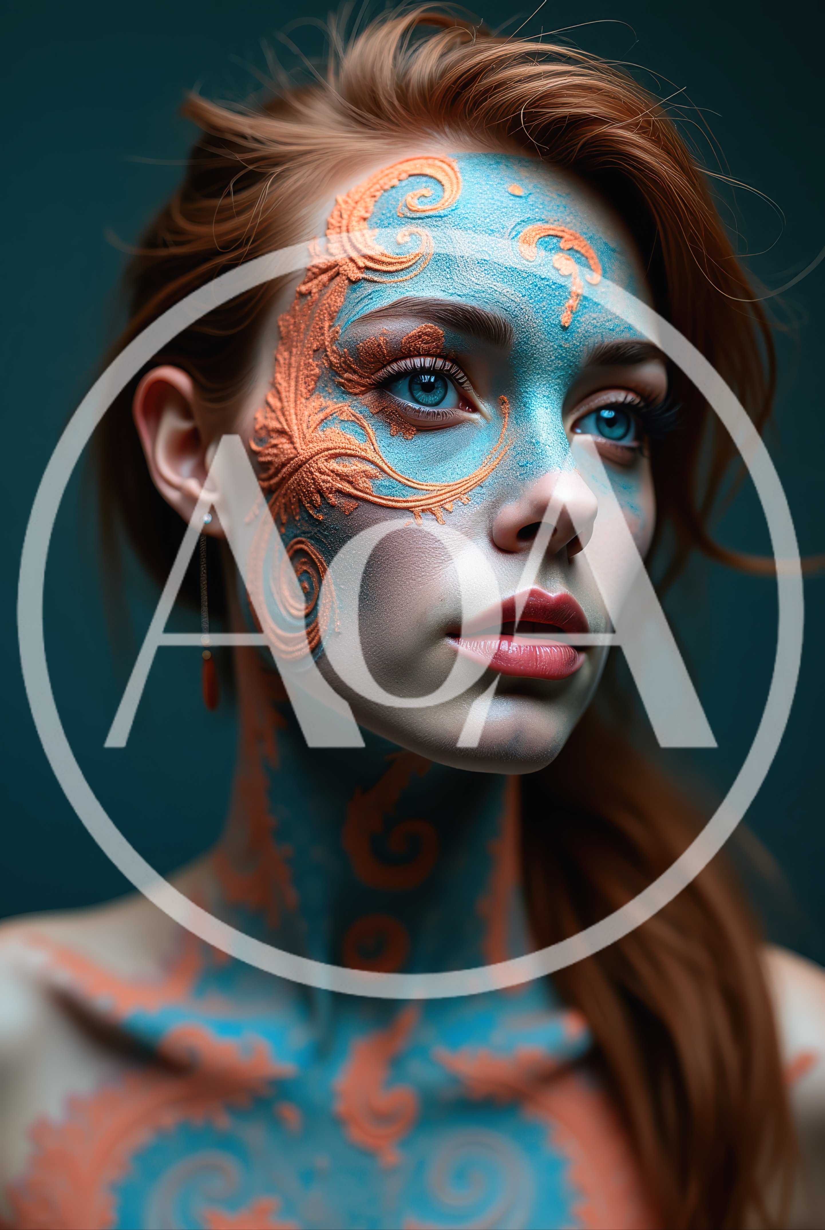 Portrait Of Woman With Intricate Blue And Orange Body Art