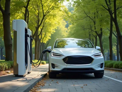 White Electric Vehicle Charging At A Park Station