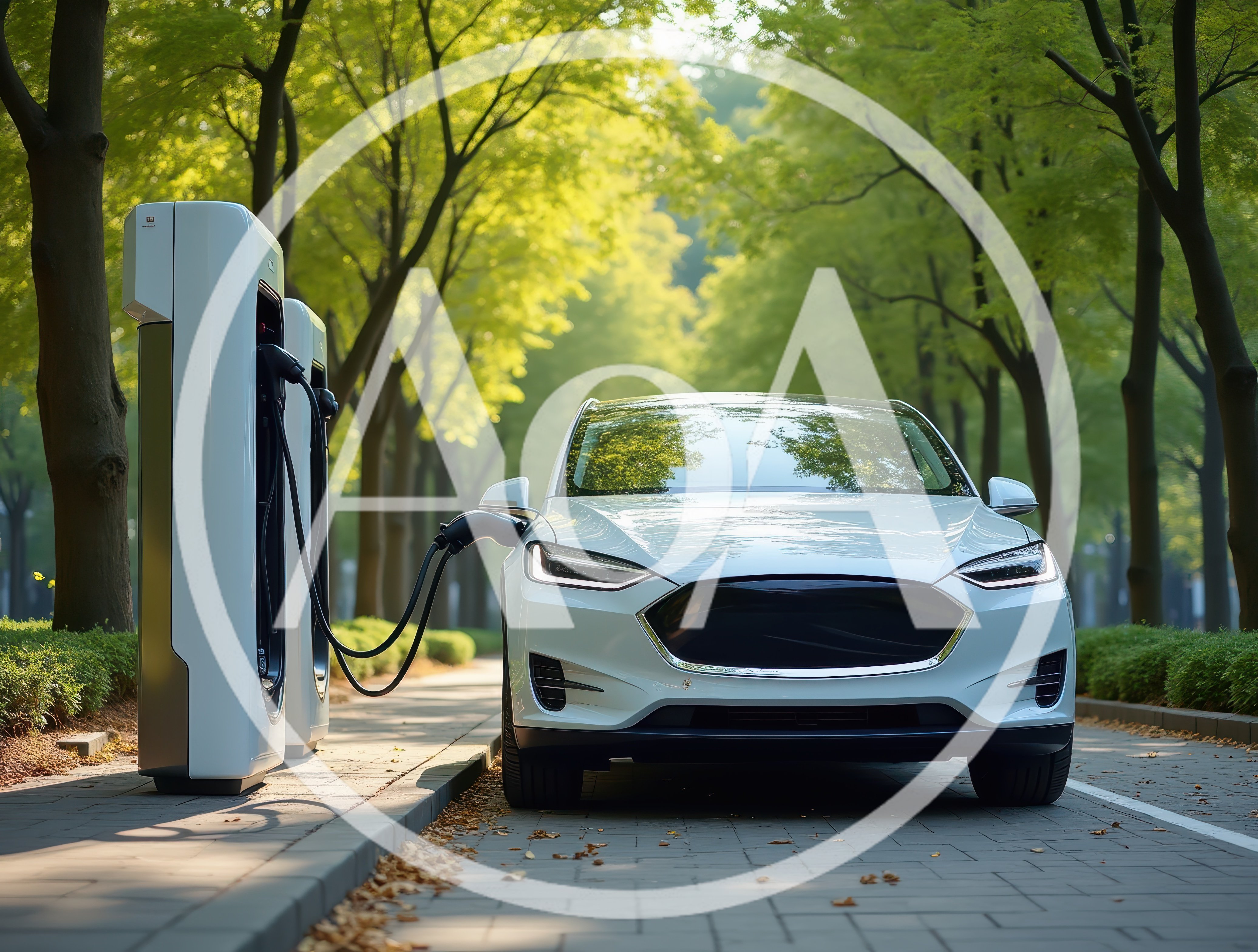 White Electric Vehicle Charging At A Park Station