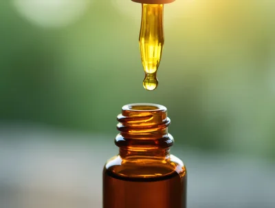 Dropper Dispensing Essential Oil Into Amber Glass Bottle
