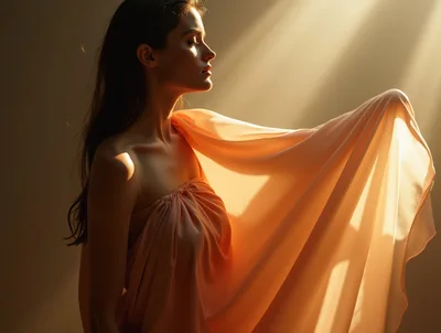 Elegant Woman Draped In Flowing Peach Fabric