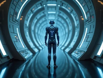 Futuristic Android Standing In A Sci-Fi Corridor