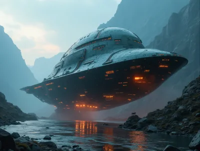 Massive Alien Spaceship Hovering Over A Mountain River