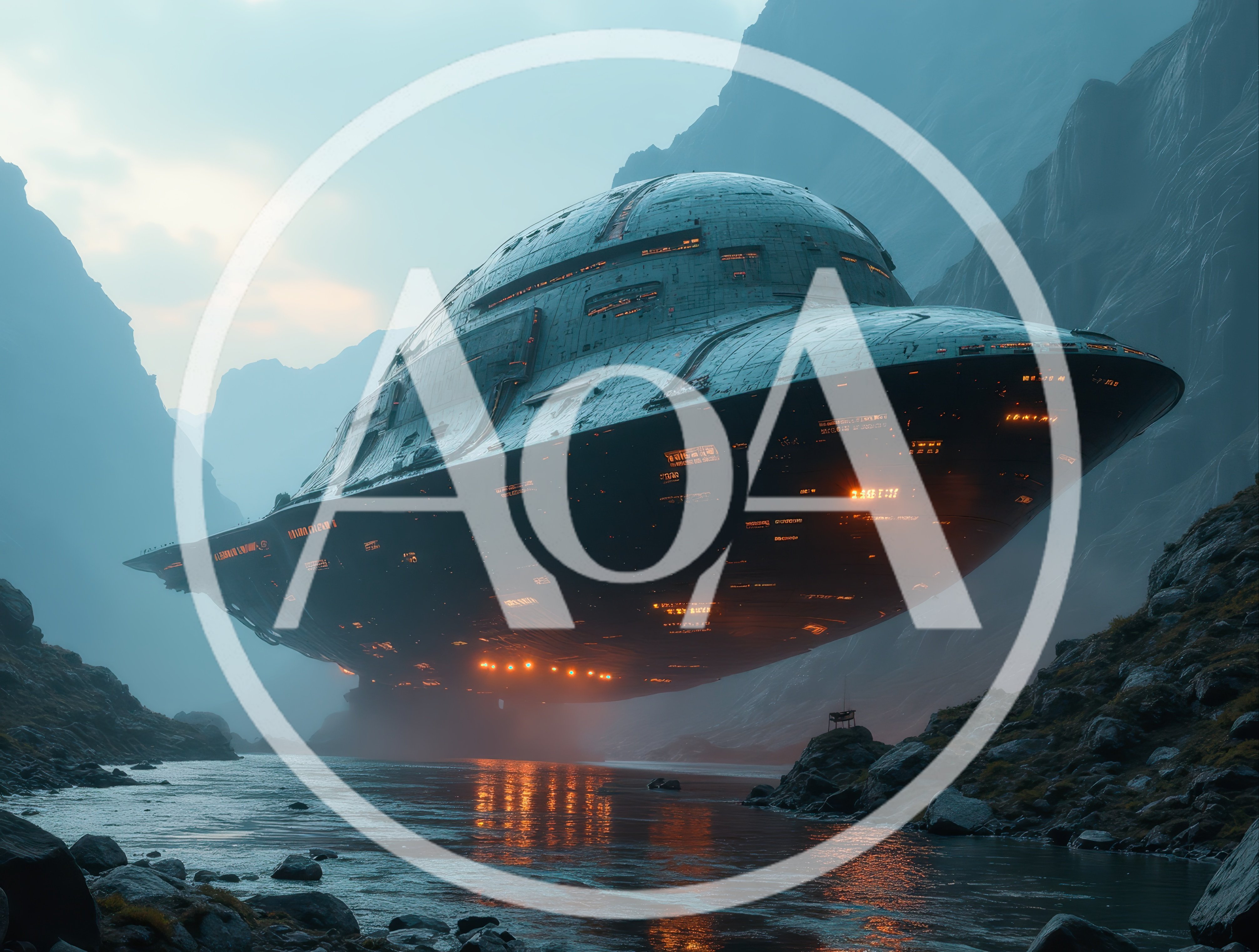 Massive Alien Spaceship Hovering Over A Mountain River