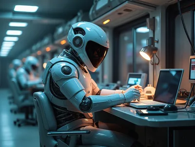 Futuristic Android Working On Laptop In Office