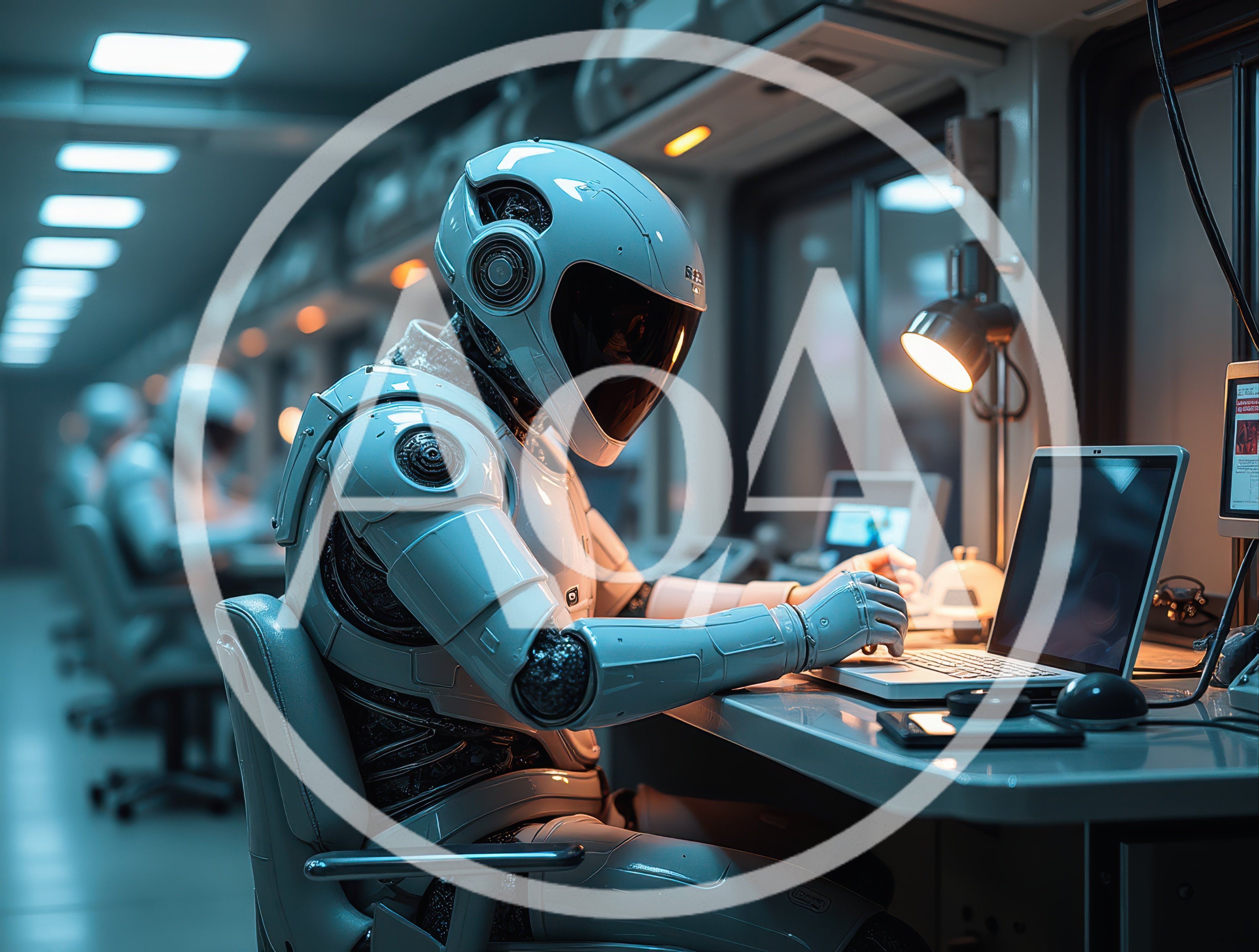 Futuristic Android Working On Laptop In Office
